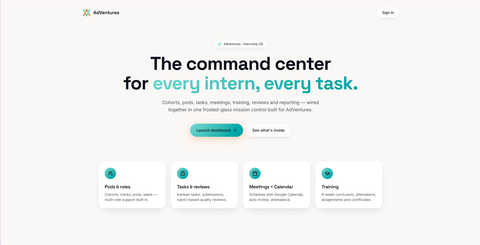 Mission Control public landing page introducing the internship operating system