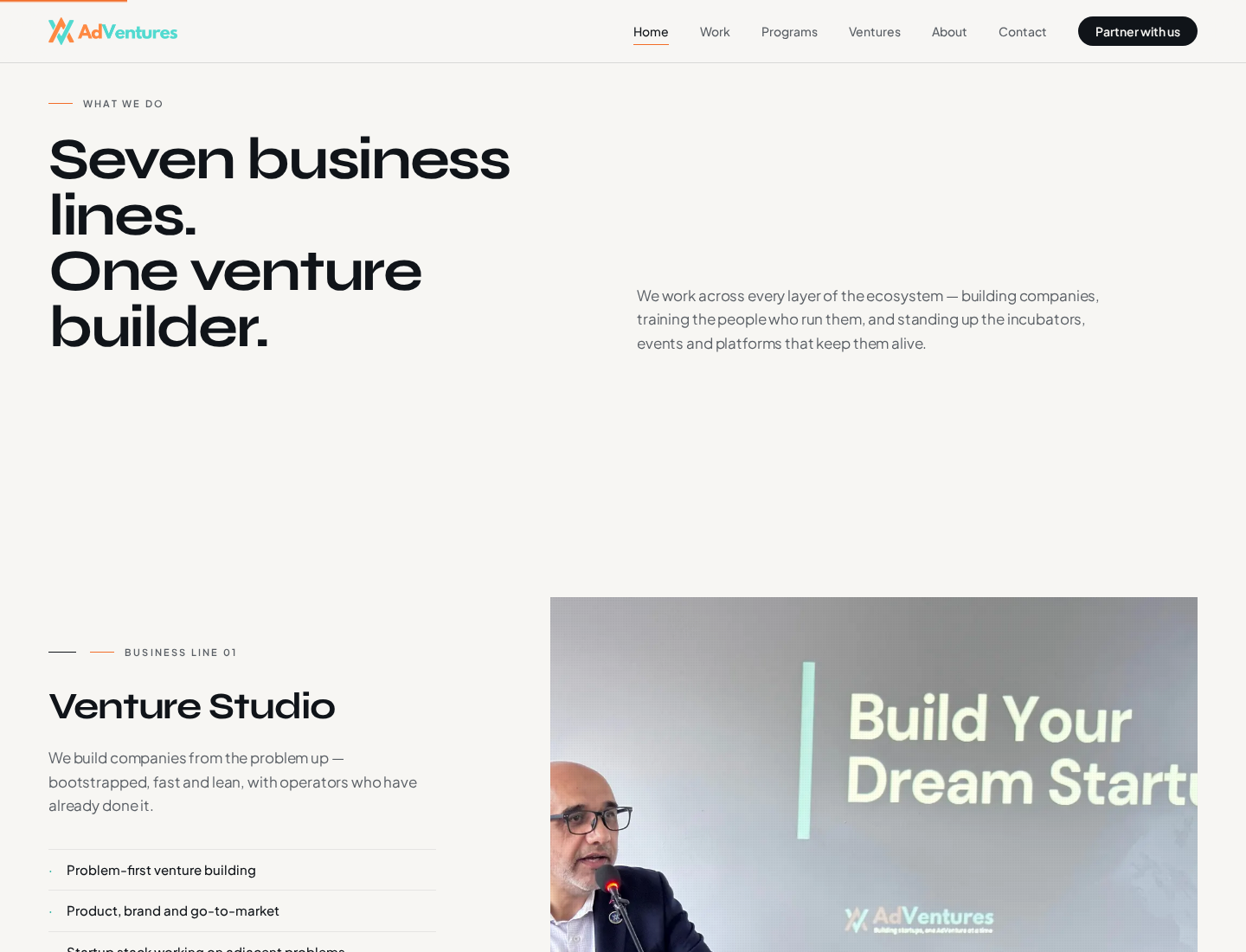 AdVentures website introducing seven business lines within one venture builder