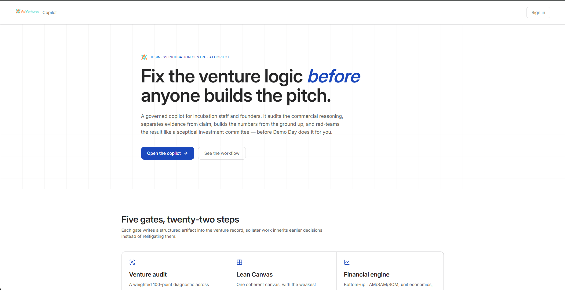 AdVentures Copilot landing page introducing the incubation intelligence product