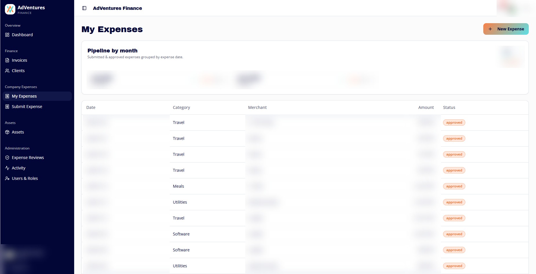 Personal expense tracker with confidential records redacted