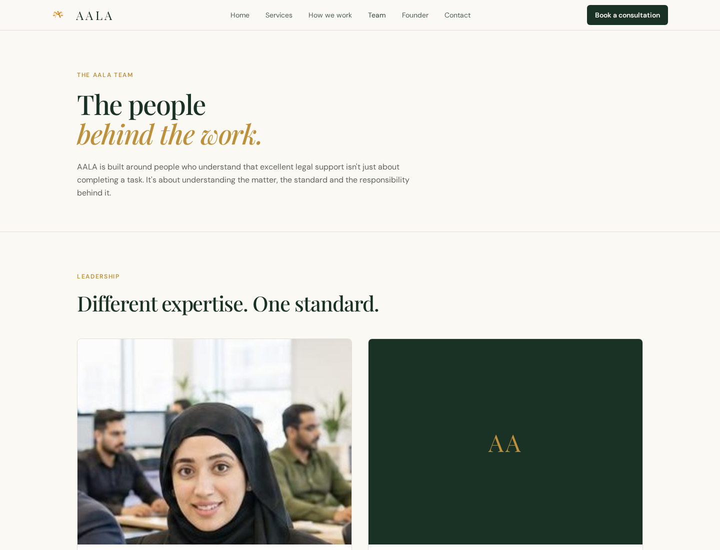AALA Partners team page showing its leadership presentation