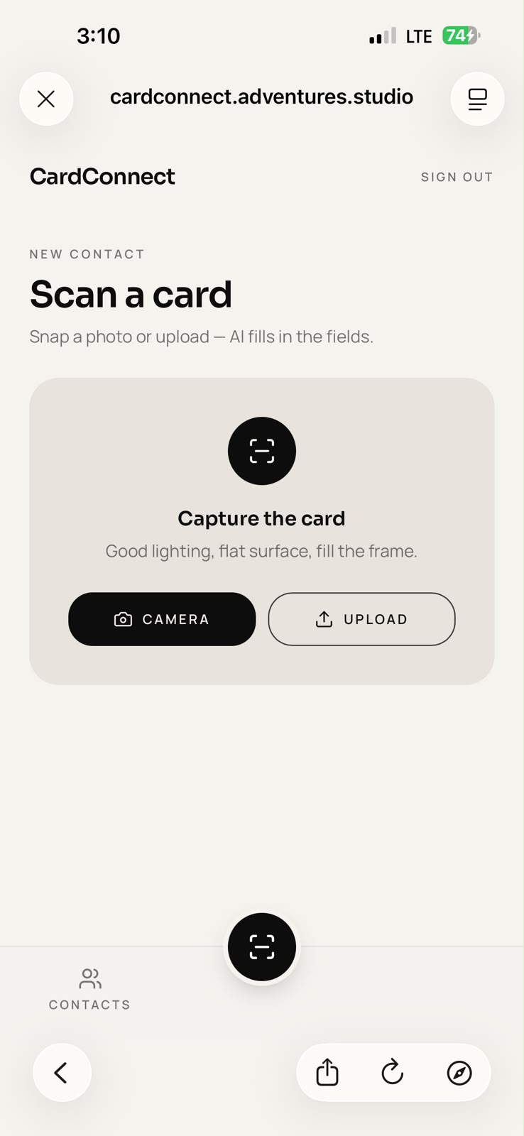 CardConnect screen offering camera capture or upload for a business card