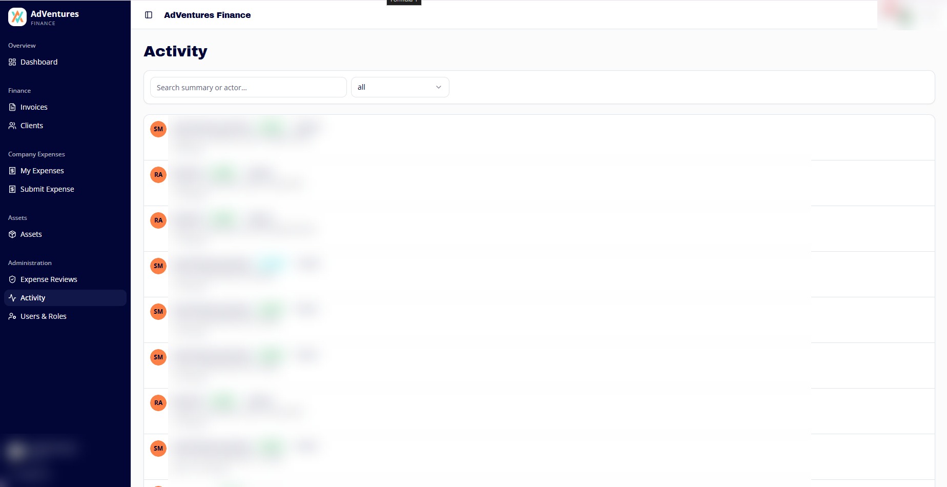 Activity history with confidential names and record details redacted