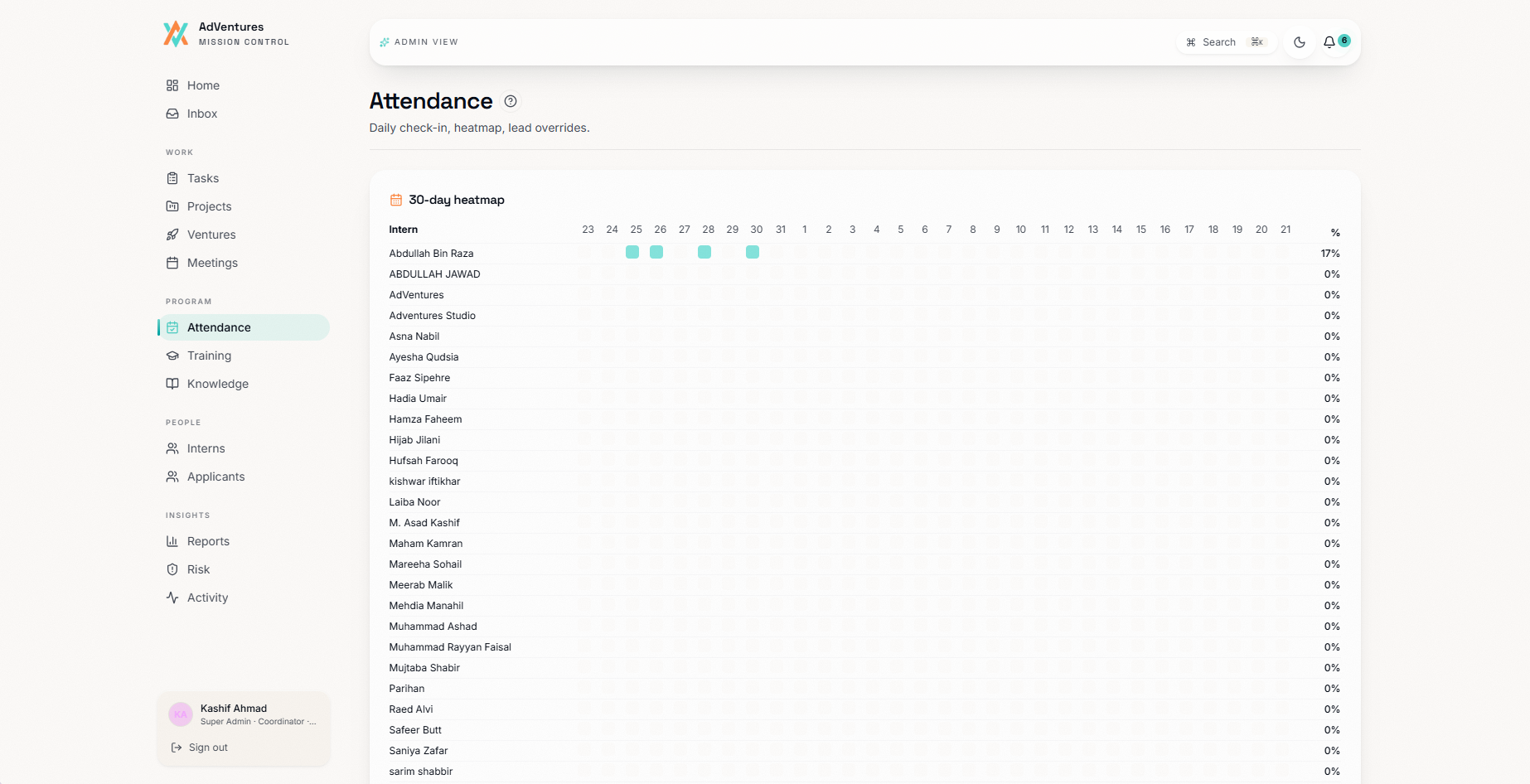 Mission Control thirty-day attendance heatmap for management trainees