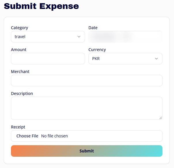Expense submission form with date redacted