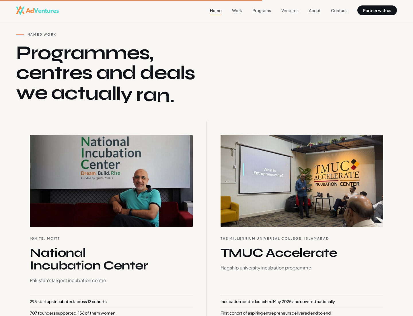 AdVentures website presenting named programmes and incubation centres
