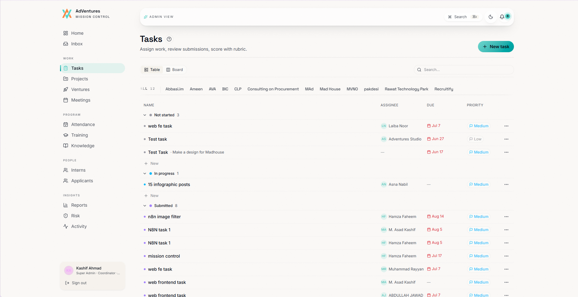 Mission Control task table with assignees, due dates, priorities and review states
