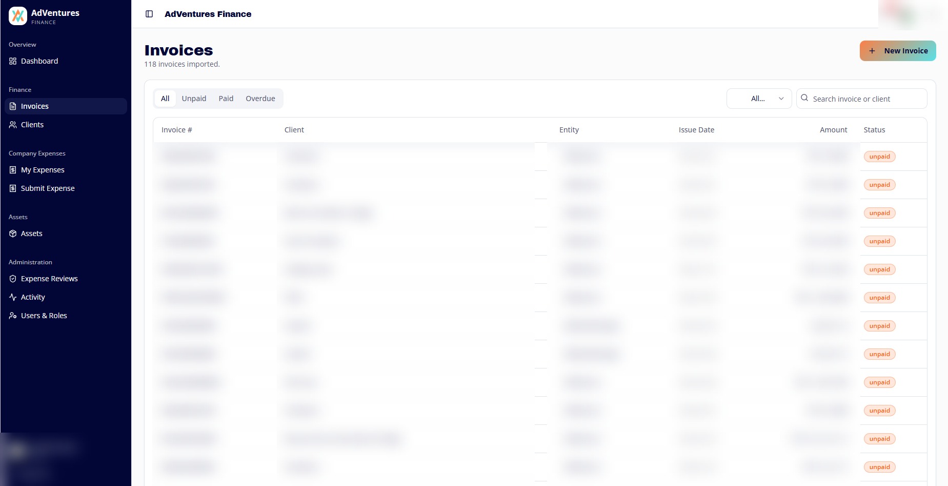 Invoice records with confidential client, date, identifier and amount data redacted