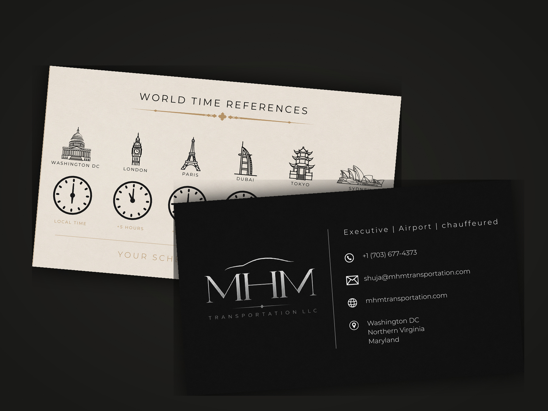 MHM Transportation business cards arranged as a dark and ivory physical set