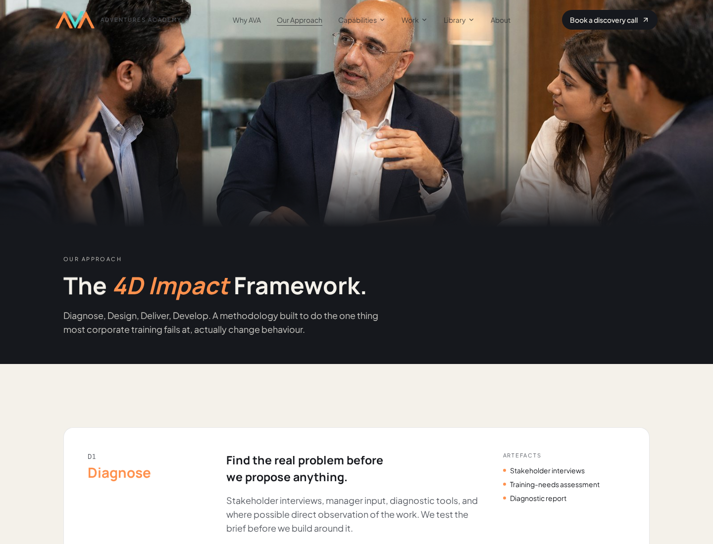 AVA approach page introducing its 4D Impact Framework