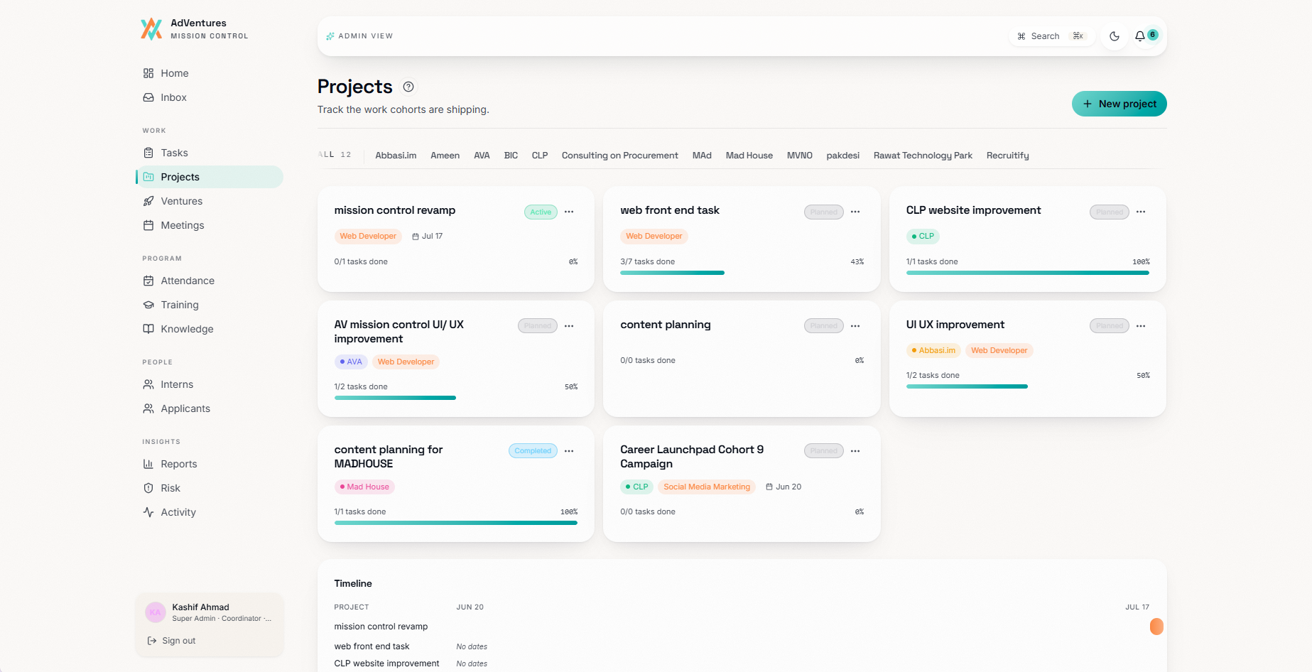 Mission Control project view with progress, status and timeline
