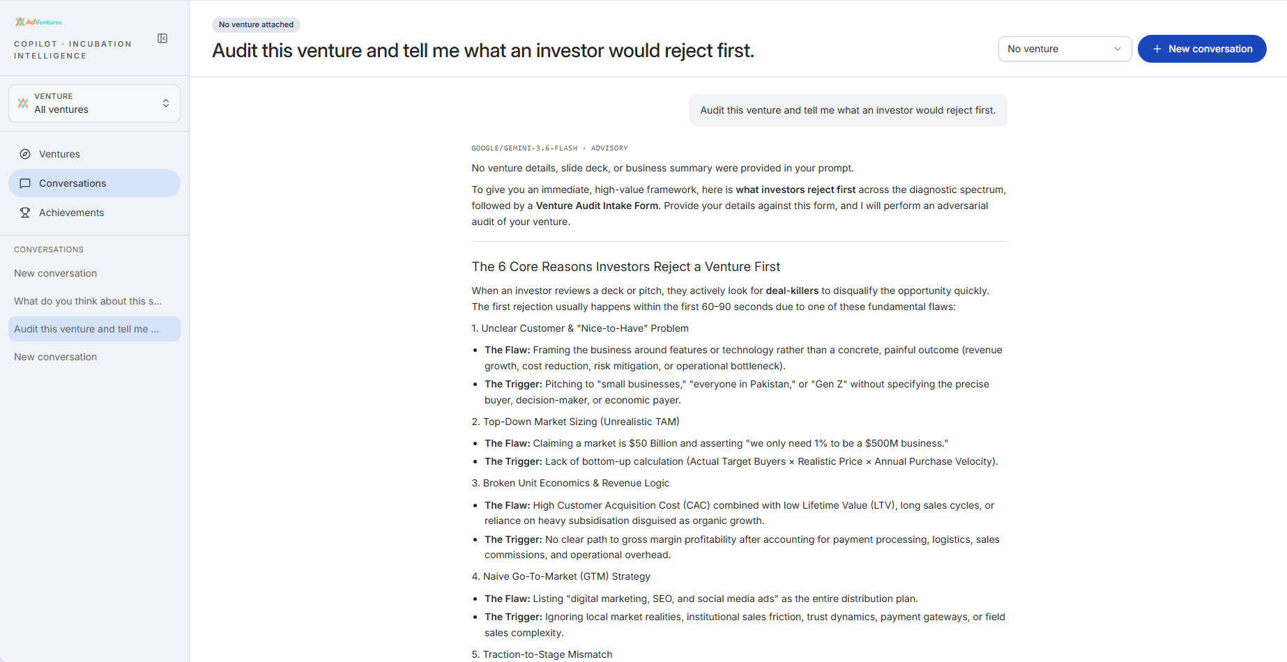Copilot AI conversation auditing what an investor would reject first