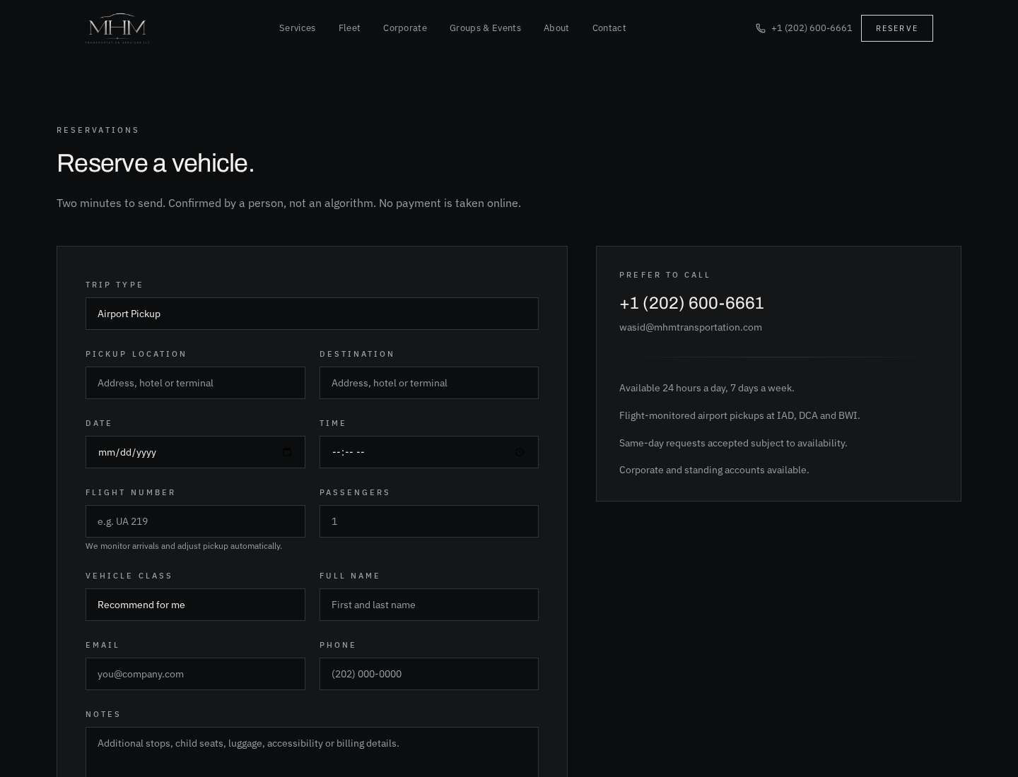 MHM Transportation reservation page