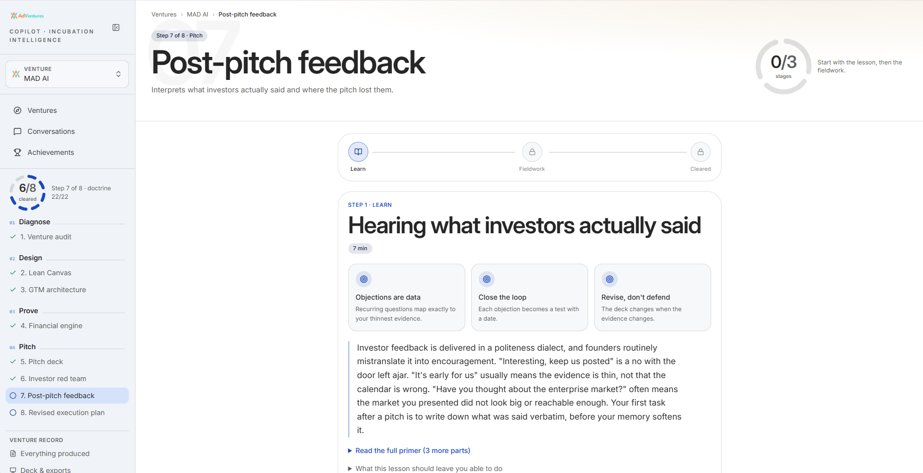 Post-pitch feedback lesson with gated learn, fieldwork and cleared stages
