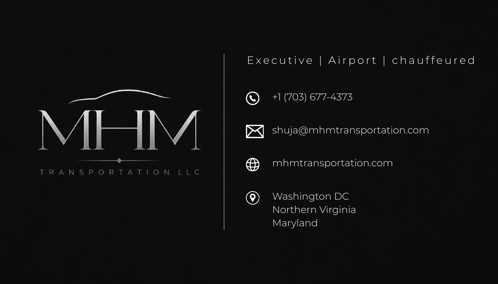 Black MHM Transportation contact card