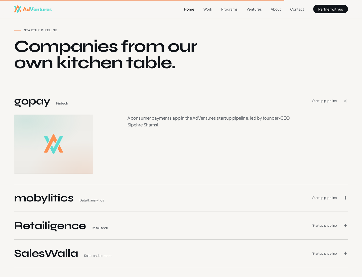 AdVentures website showing companies in its startup pipeline