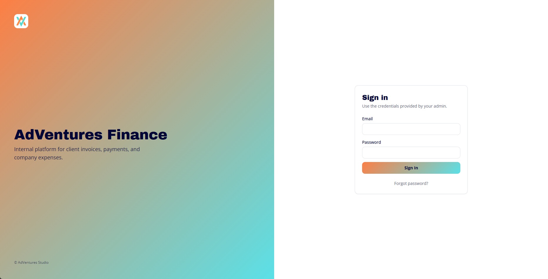AdVentures Finance sign-in screen