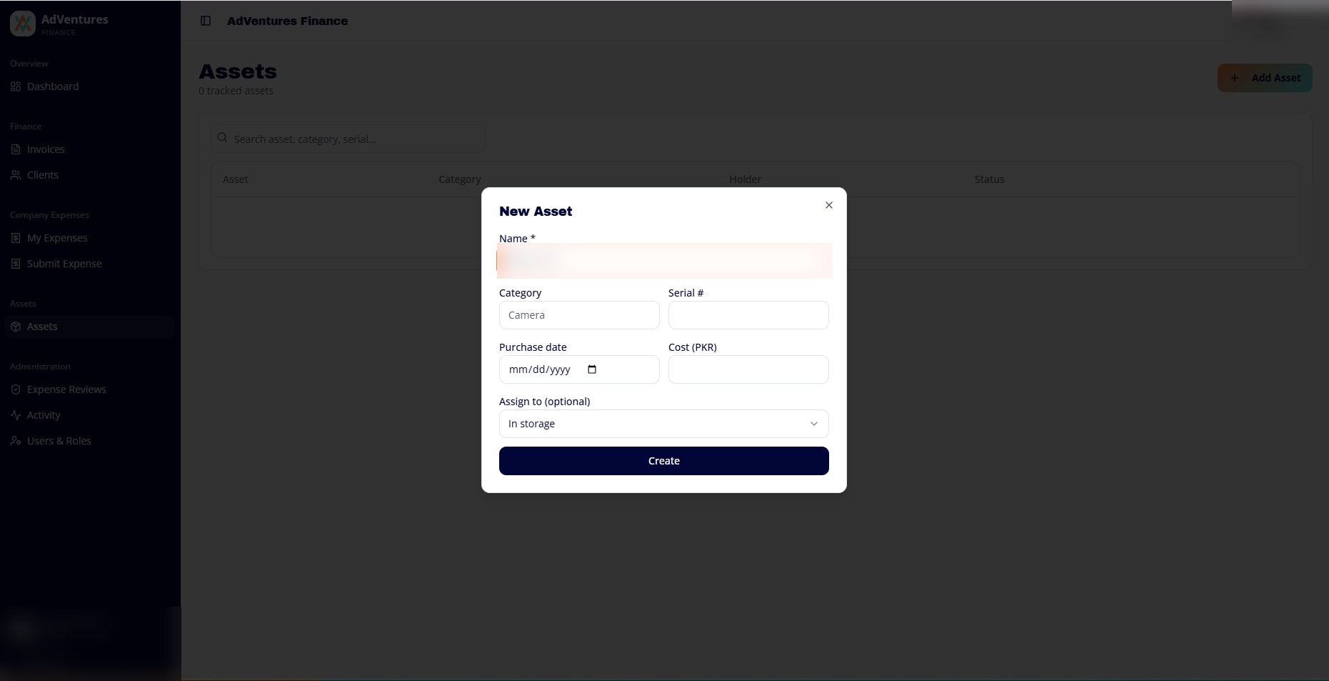 Asset creation workflow with identifying asset data redacted