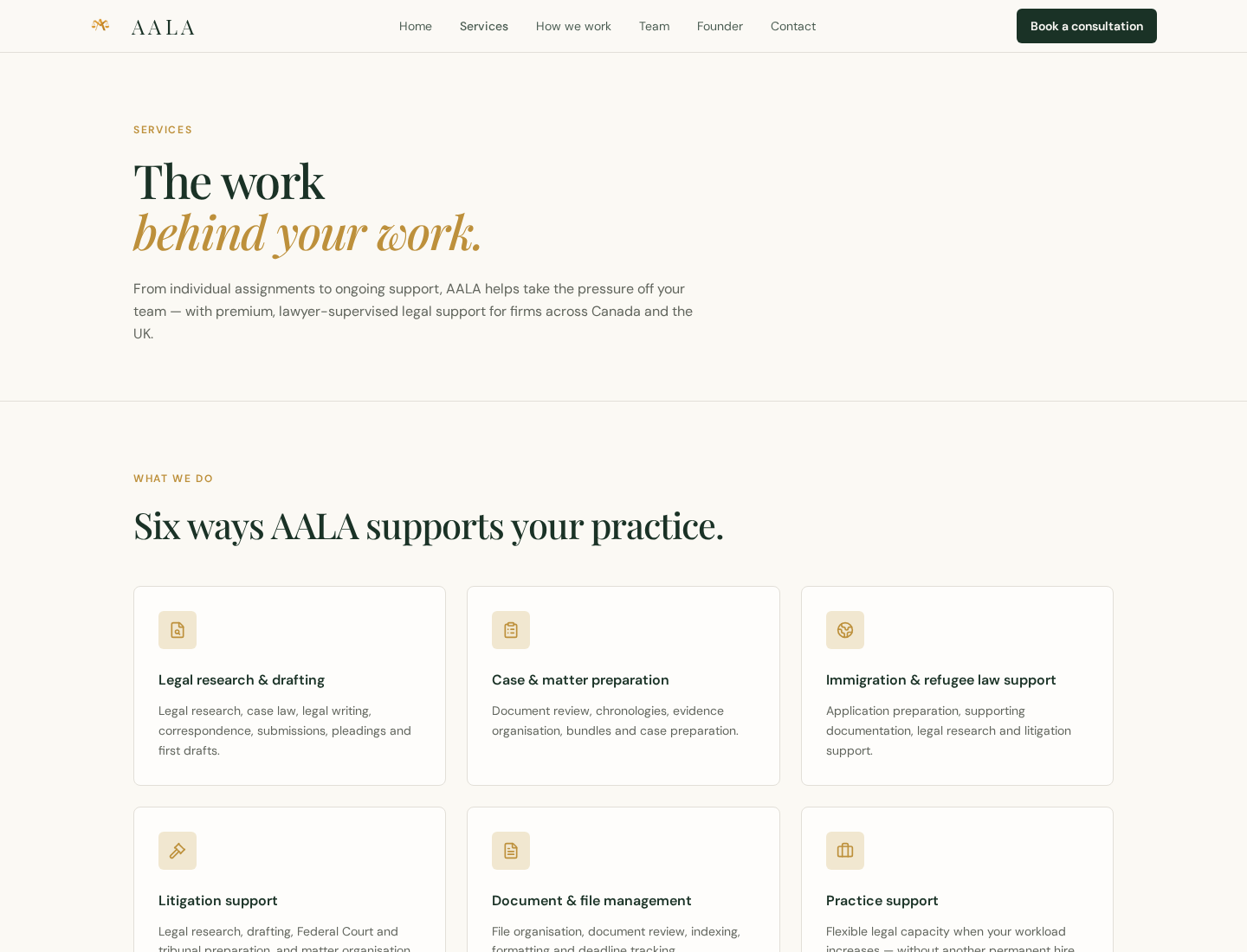 AALA Partners services page showing six legal support areas