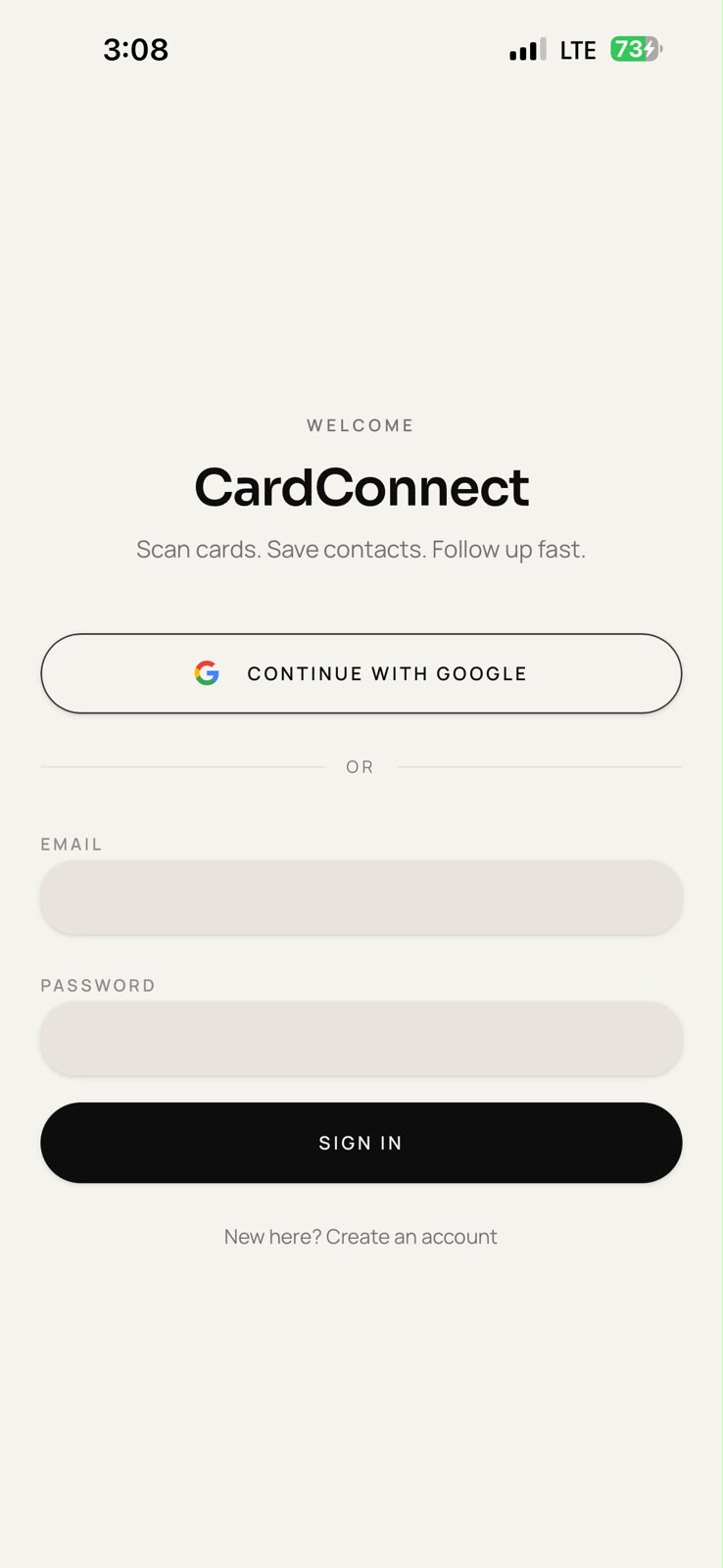 CardConnect sign-in screen introducing the scan, save and follow-up workflow