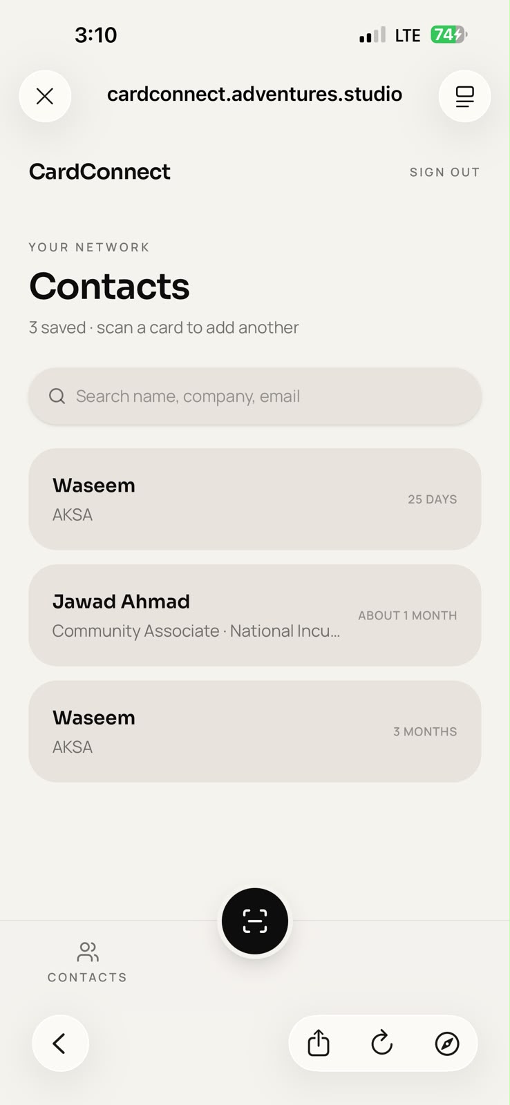 CardConnect searchable contacts screen with saved people and companies